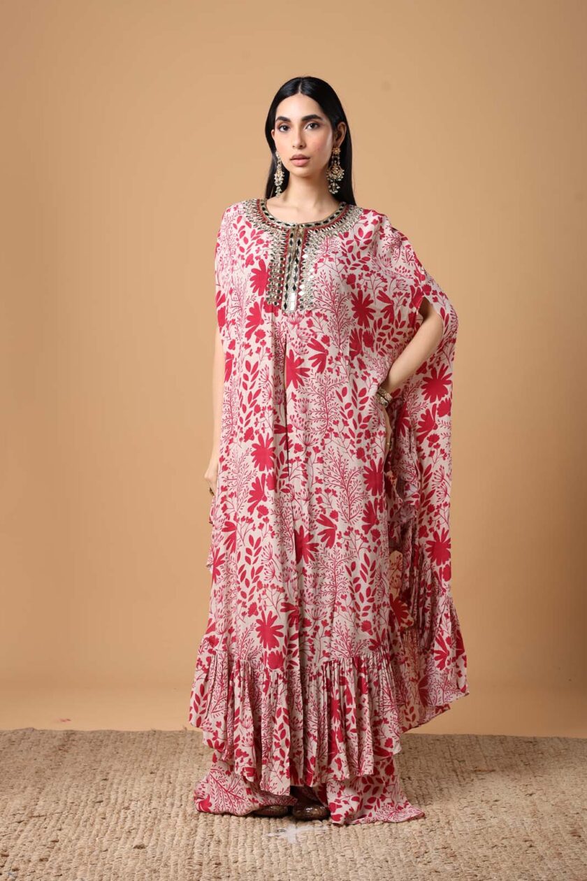 Sand & red garden print hand embroidered cape set