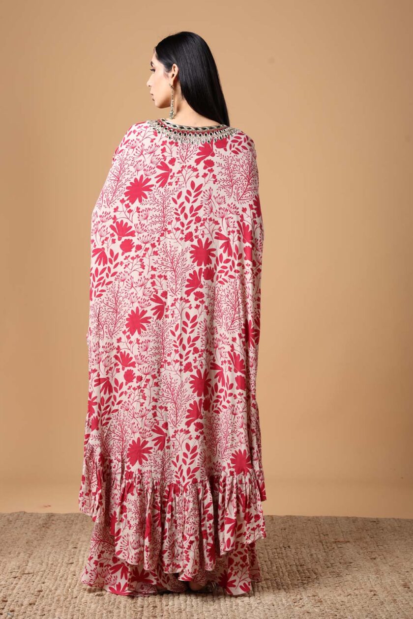 Sand & red garden print hand embroidered cape set - Image 4