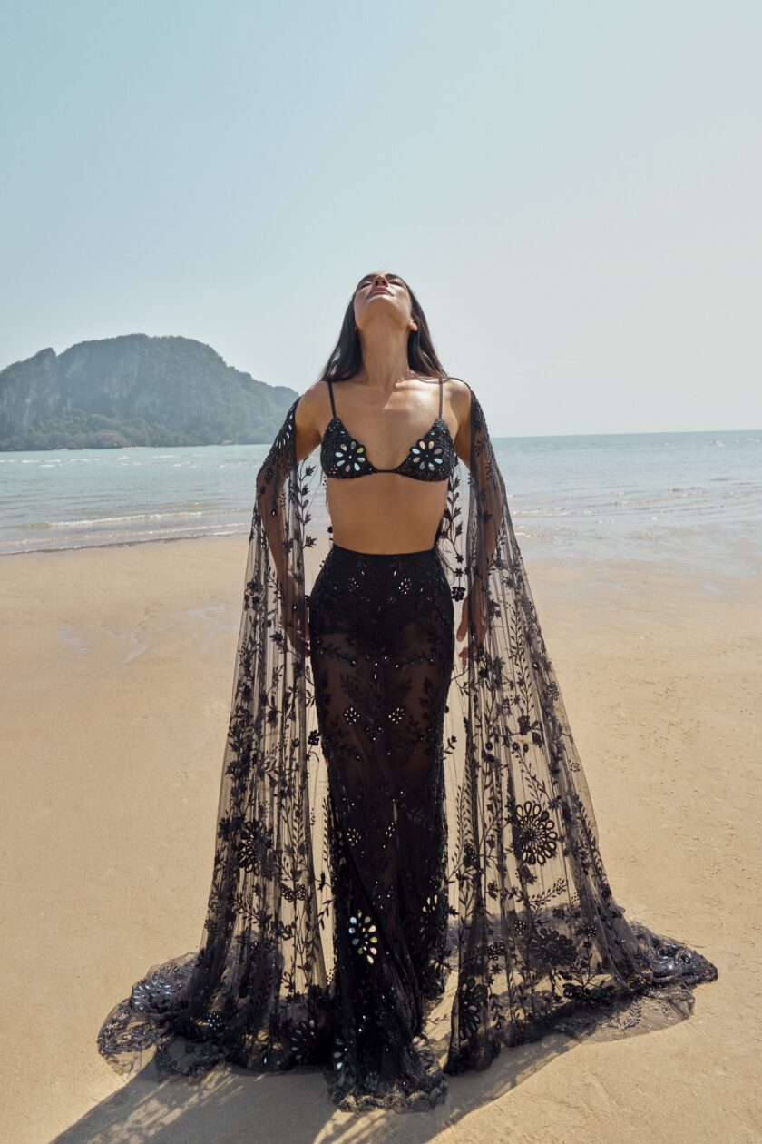 Black hand embroidered skirt, bralette & long cape set