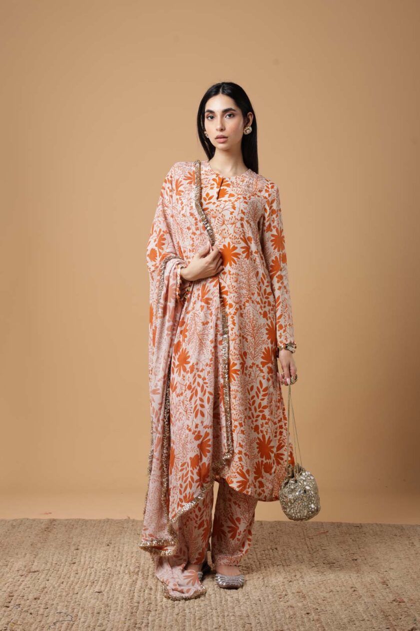 Sand & toasted orange garden print kurta set