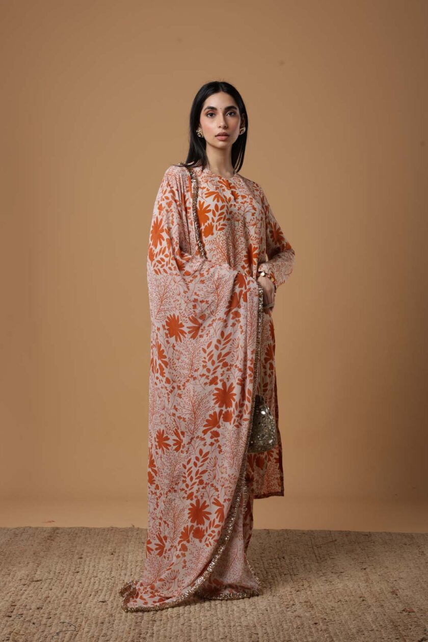 Sand & toasted orange garden print kurta set - Image 2