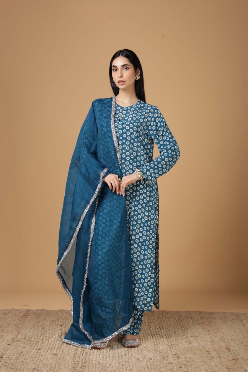 Teal & sand butti print kurta set