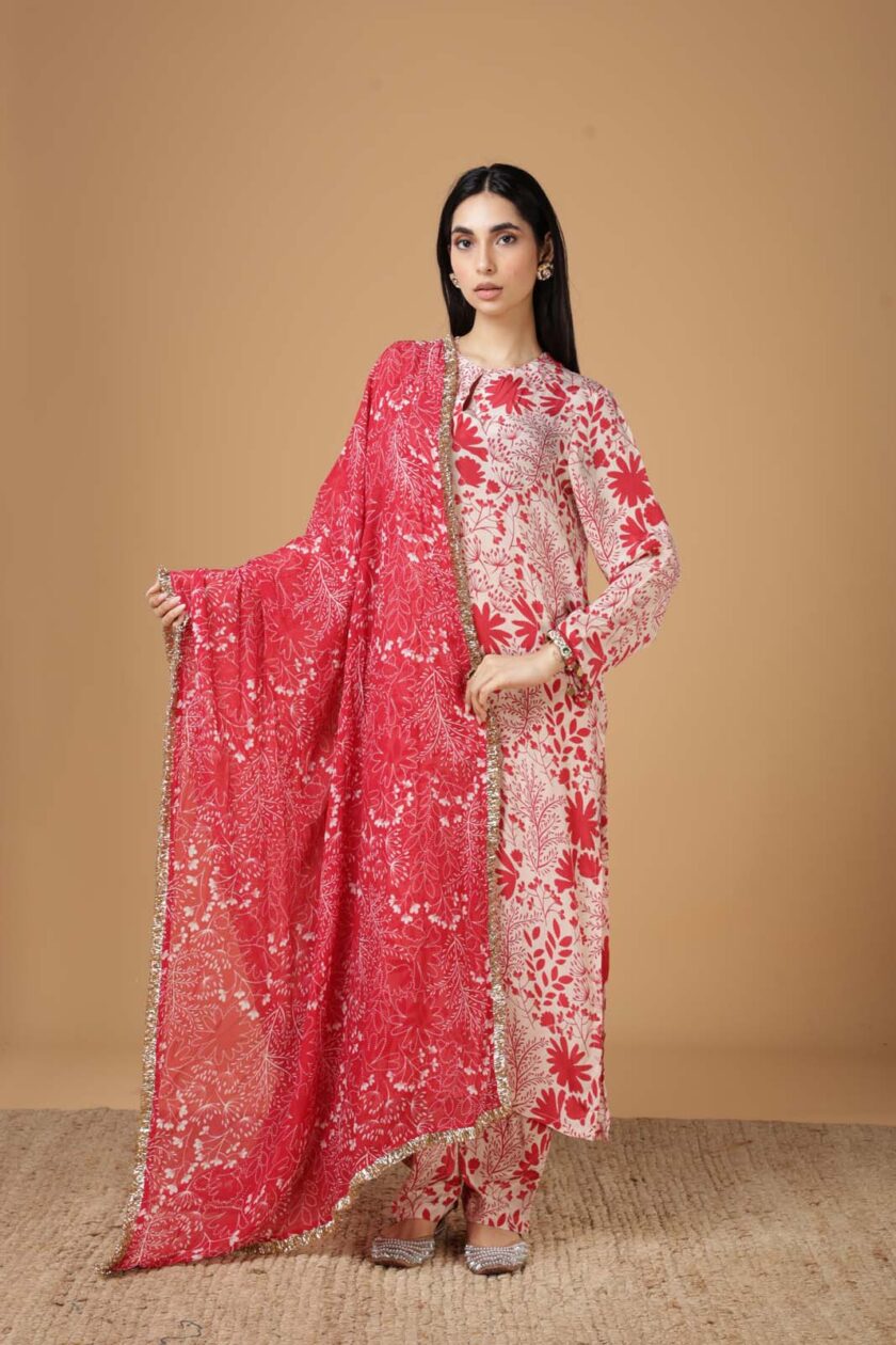 Sand & red garden print kurta set