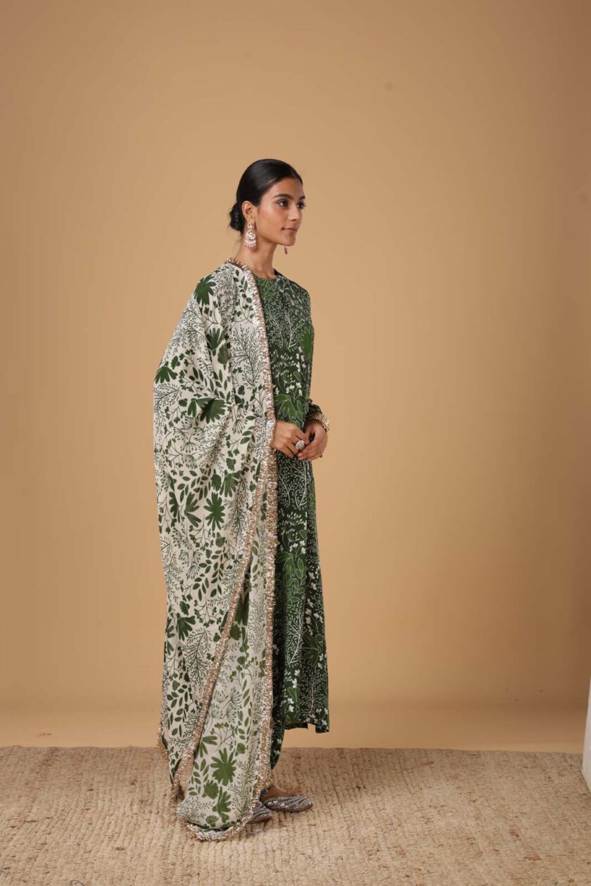 Green & sand garden print kurta set