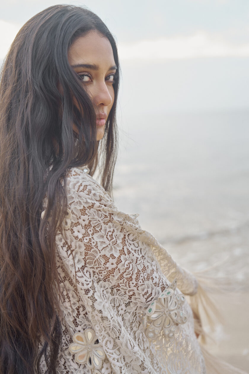 Bone white lace kaftan with 3D mirror flowers & fringe detailing - Image 3