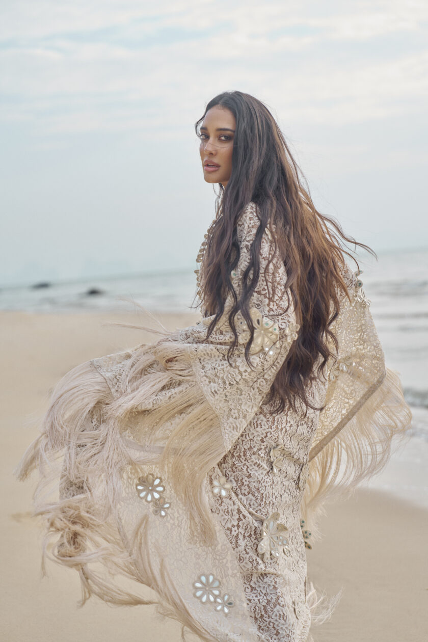 Bone white lace kaftan with 3D mirror flowers & fringe detailing