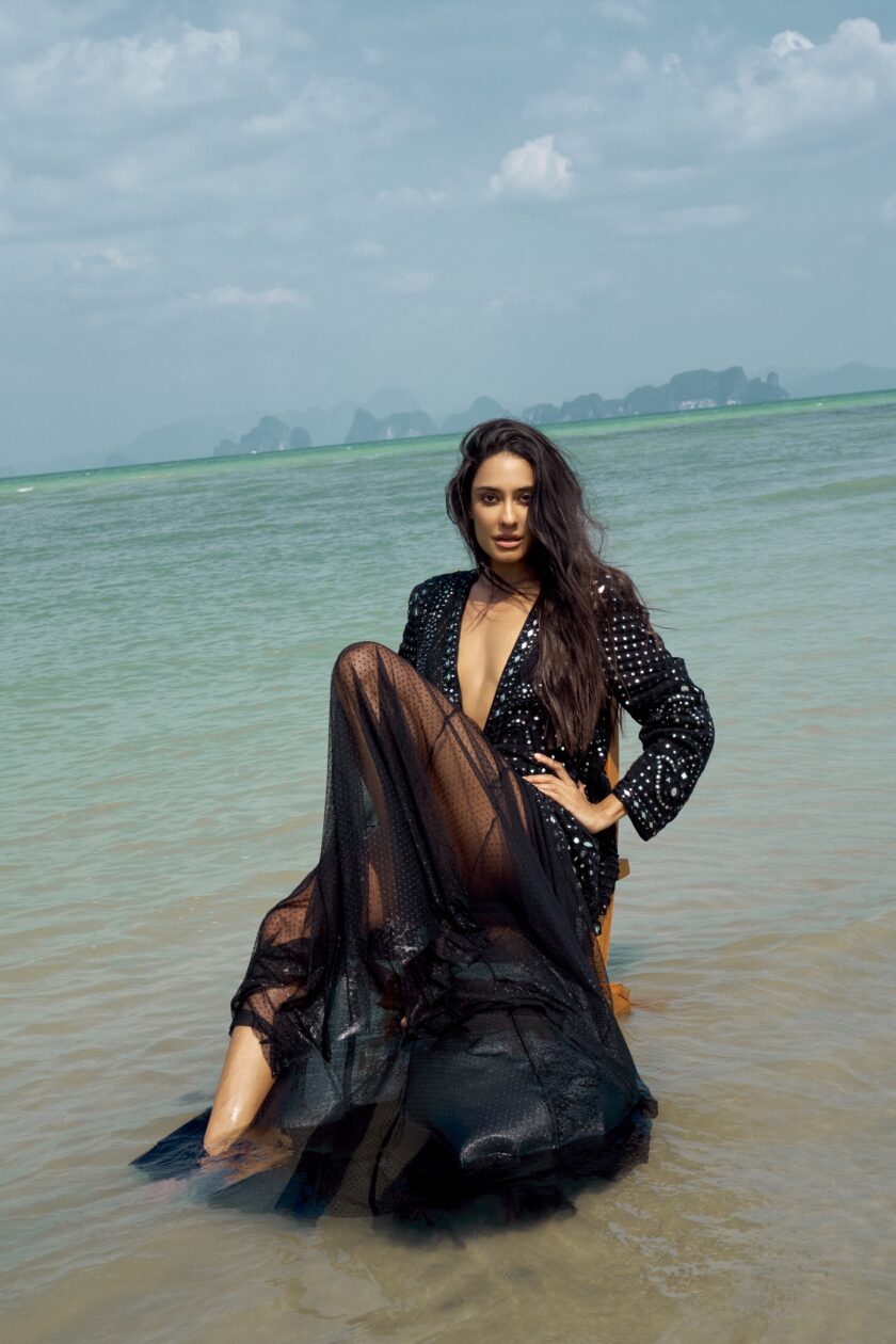 Black paisley hand embroidered jacket paired with a sheer net godet skirt - Image 2