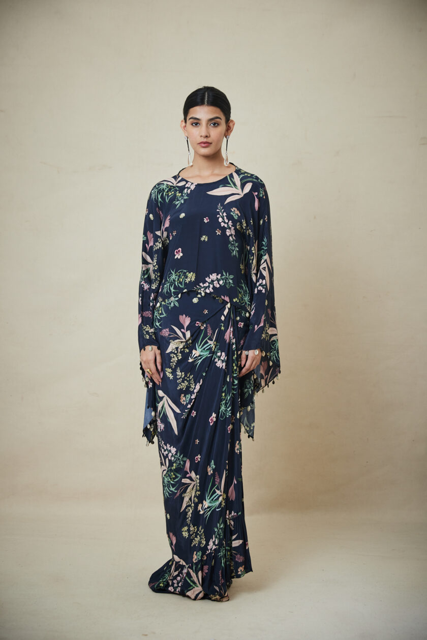 Black floral print short cape top & tulip skirt set