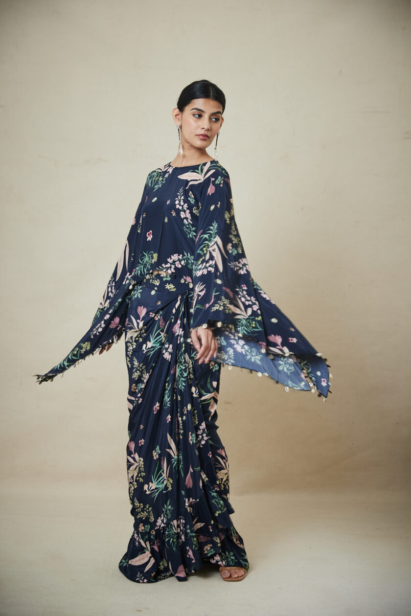 Black floral print short cape top & tulip skirt set - Image 2