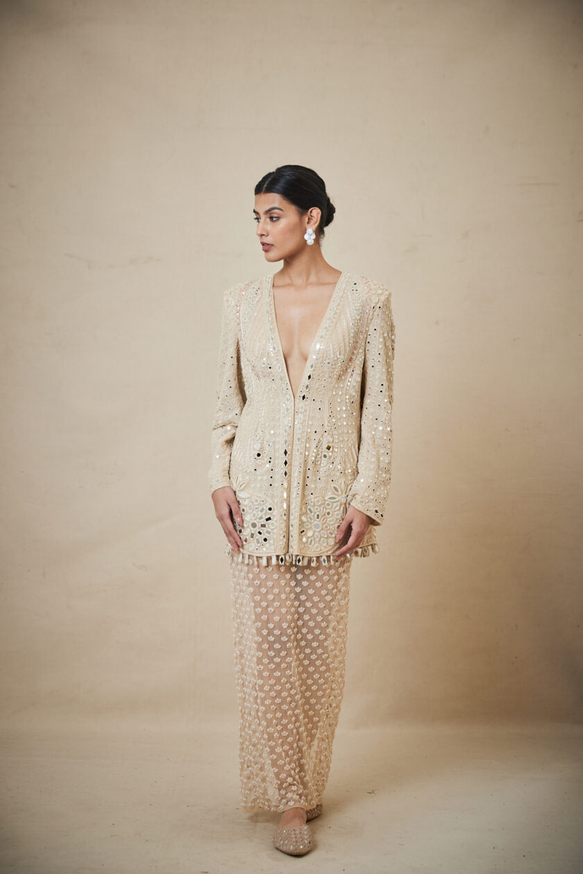 Coconut hand embroidered jacket and peal skirt set - Image 2