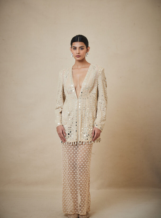 Coconut hand embroidered jacket and peal skirt set