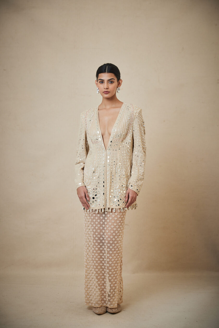 Coconut hand embroidered jacket and peal skirt set