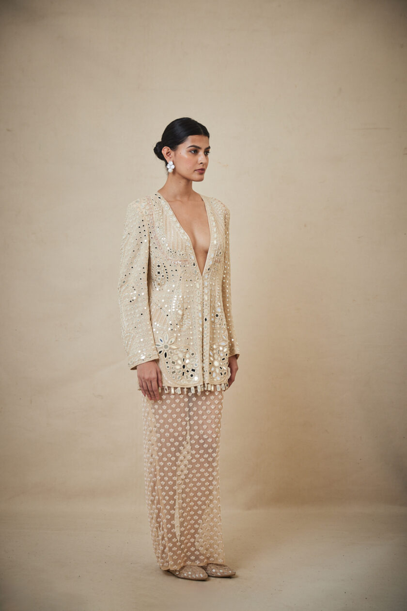 Coconut hand embroidered jacket and peal skirt set - Image 3