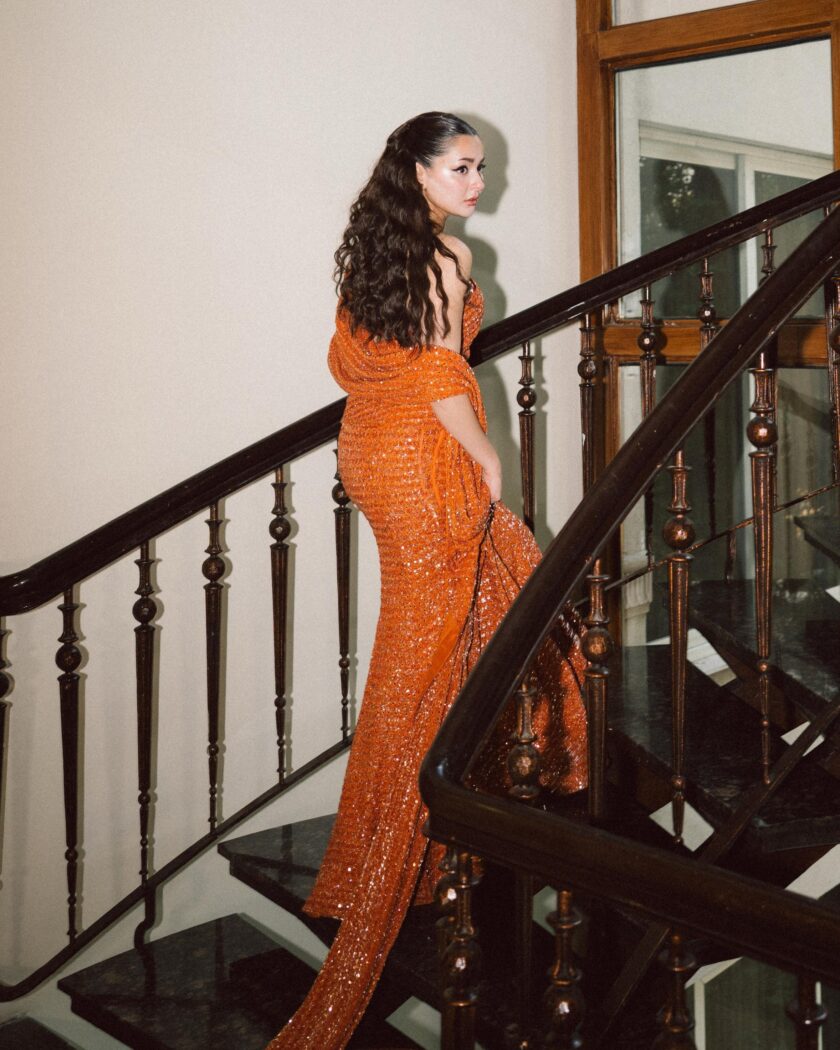 Toasted orange sequin hand embroidered sari set - Image 4