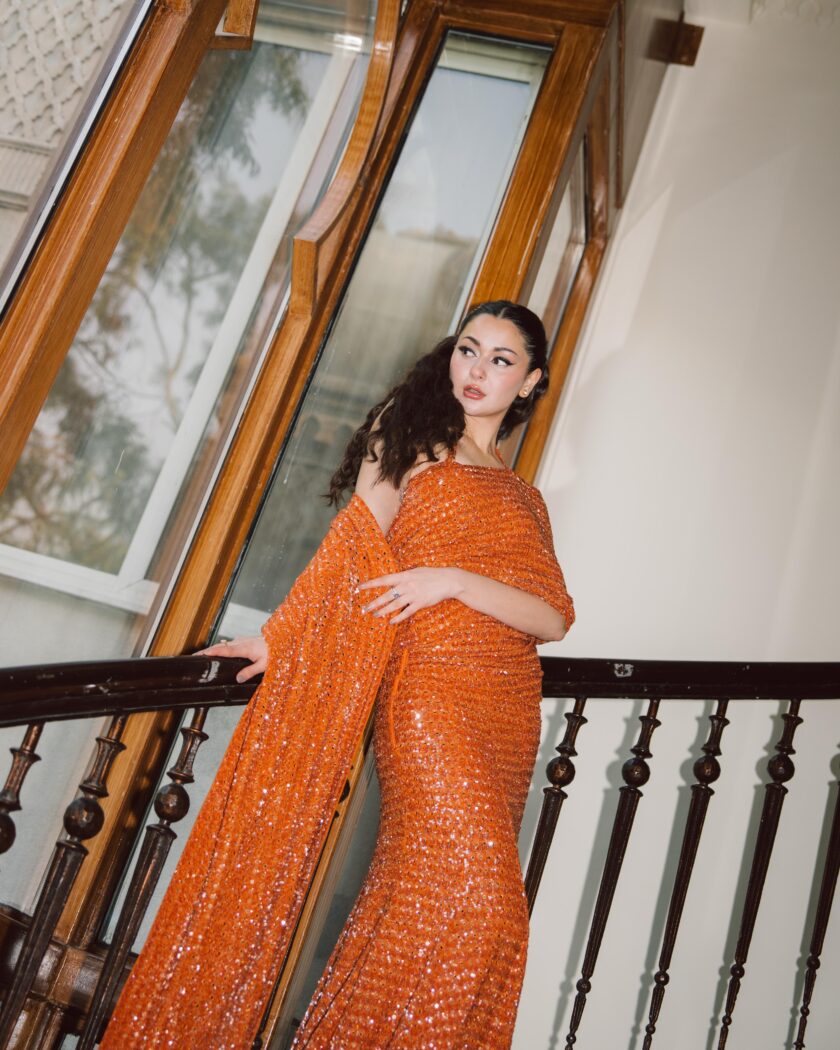 Toasted orange sequin hand embroidered sari set