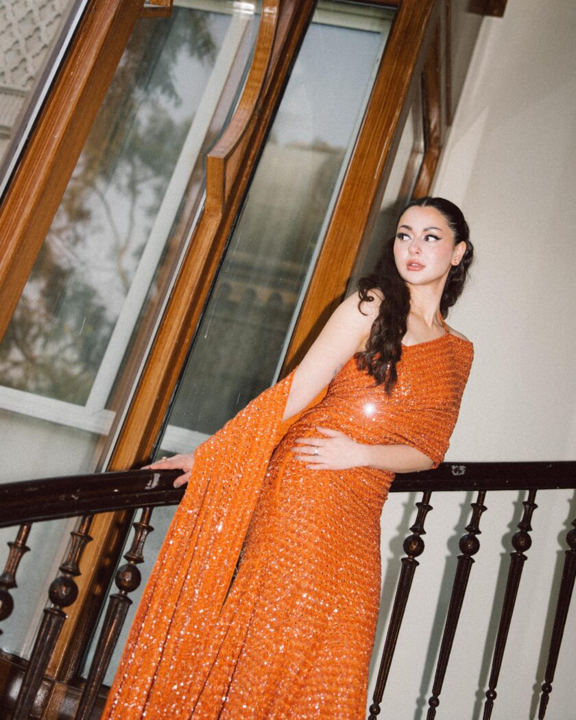 Toasted orange sequin hand embroidered sari set - Image 3