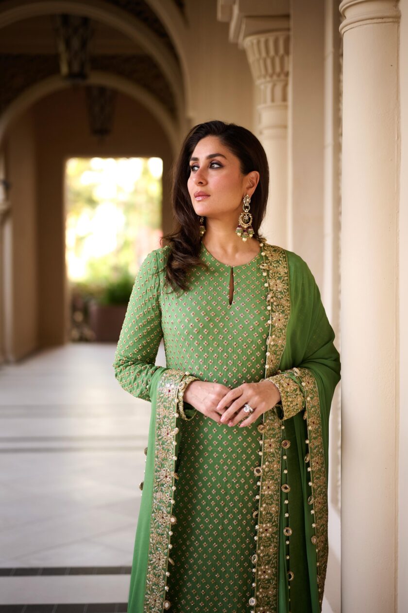Sage green hand embroidered long kurta set - Image 2