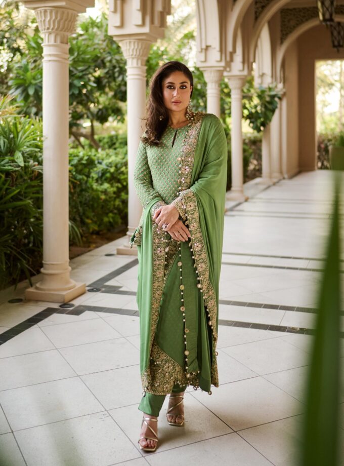 Sage green hand embroidered long kurta set