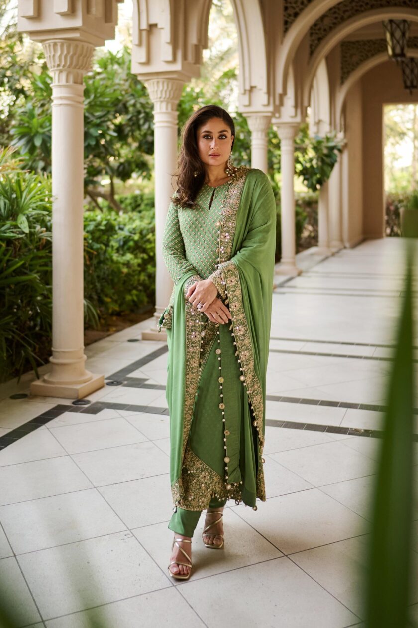 Sage green hand embroidered long kurta set
