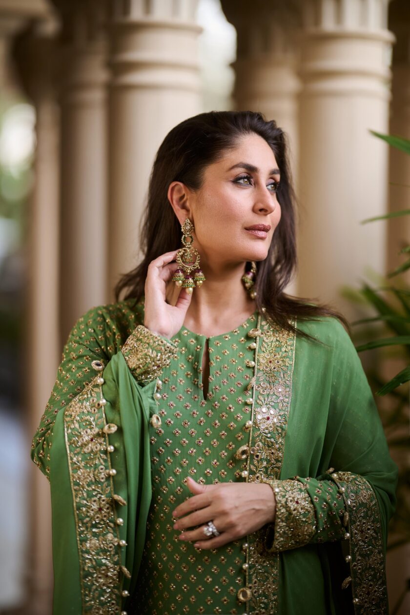 Sage green hand embroidered long kurta set - Image 4