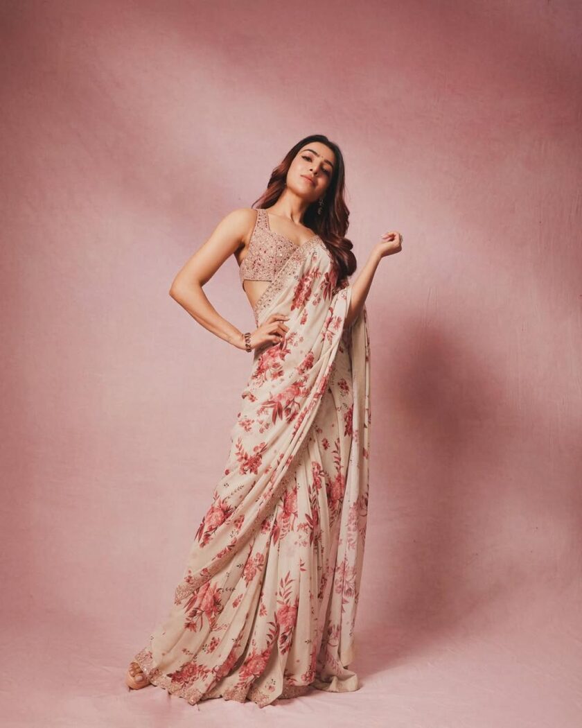 Sand & red floral hand embroidered sari set - Image 3