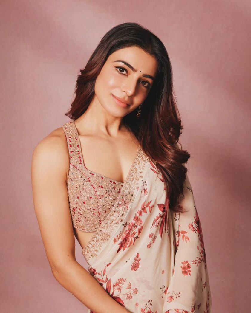 Sand & red floral hand embroidered sari set - Image 4
