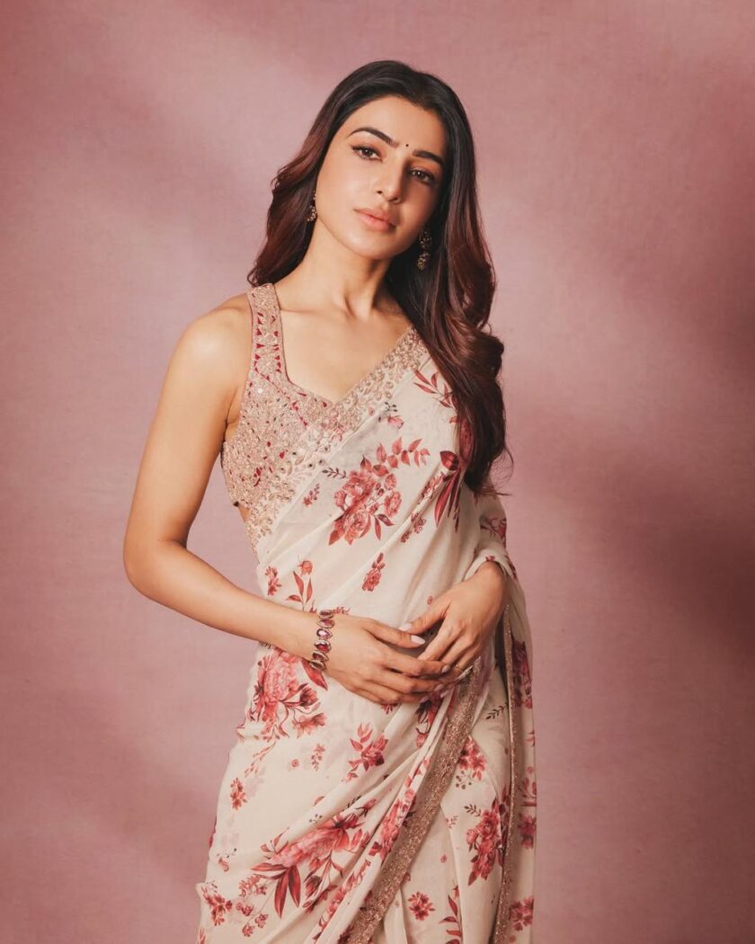 Sand & red floral hand embroidered sari set