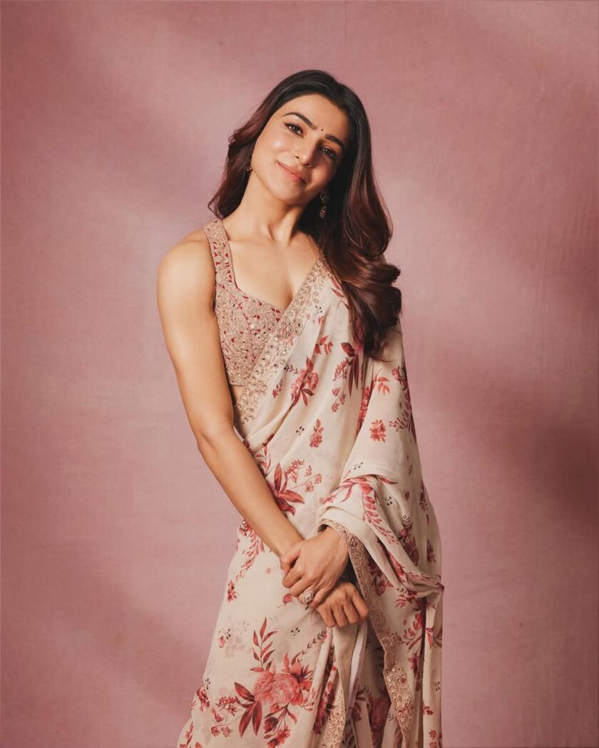 Sand & red floral hand embroidered sari set - Image 2