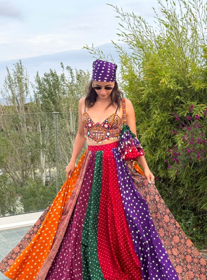 Multi- colour multi-panel bandhani skirt & choli set