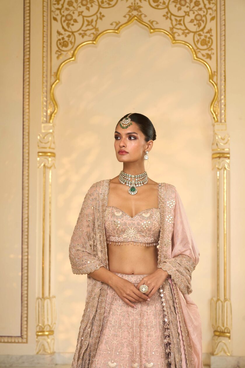 Baby pink & Rose gold hand embroidered lehenga set - Image 5