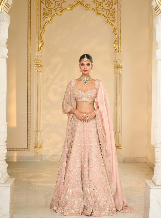Baby pink & Rose gold hand embroidered lehenga set
