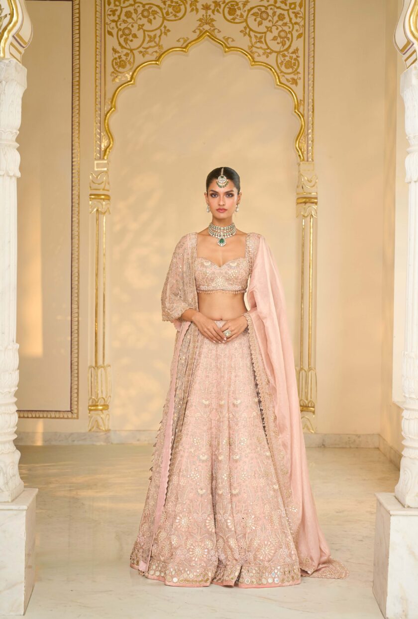 Baby pink & Rose gold hand embroidered lehenga set