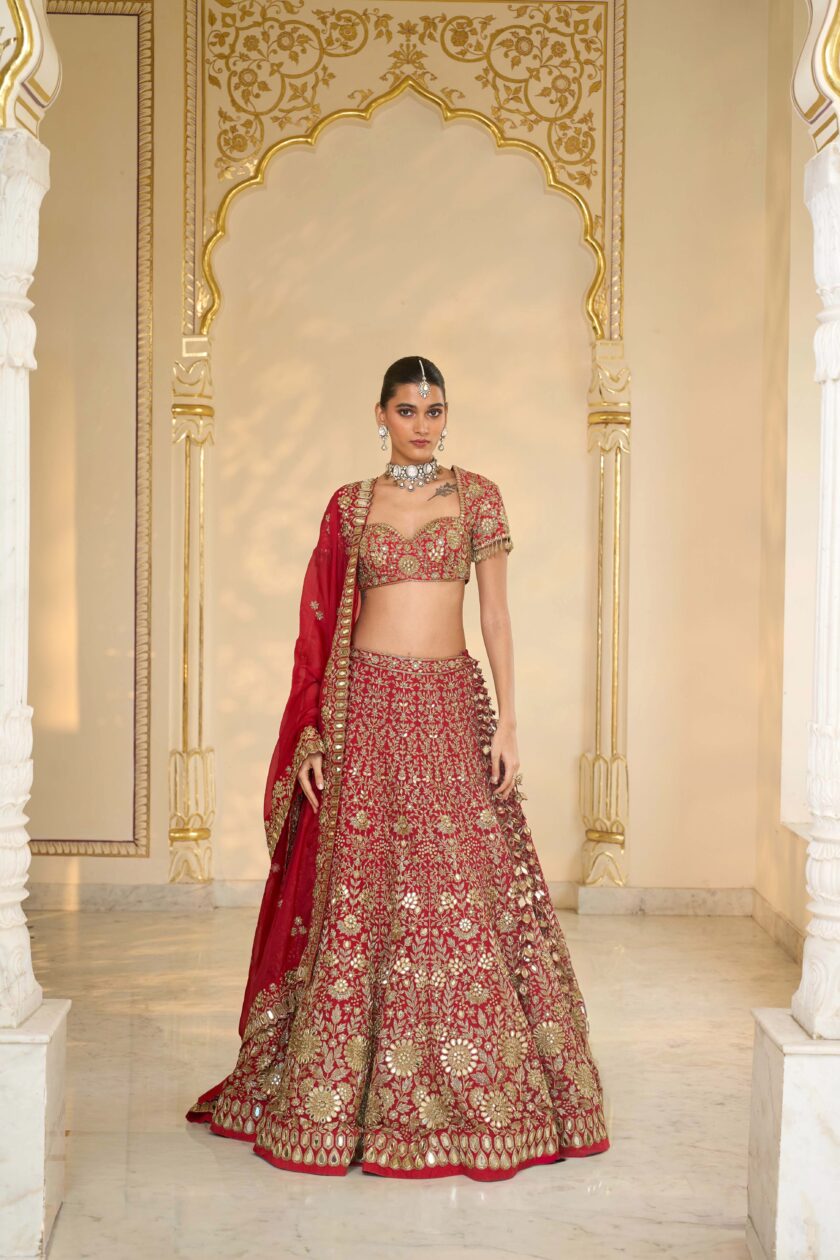 Red & beige gold hand embroidered lehenga set - Image 3