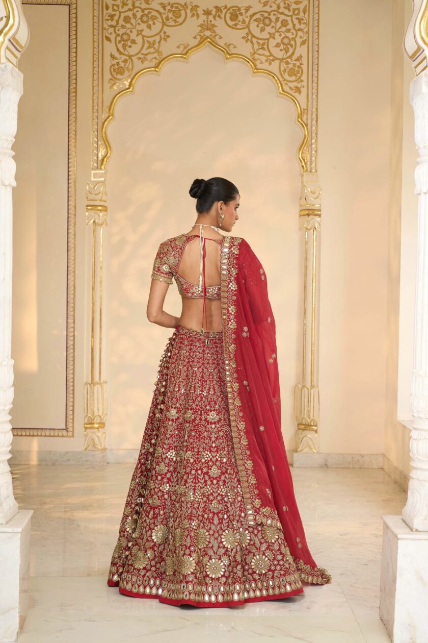 Red & beige gold hand embroidered lehenga set - Image 4