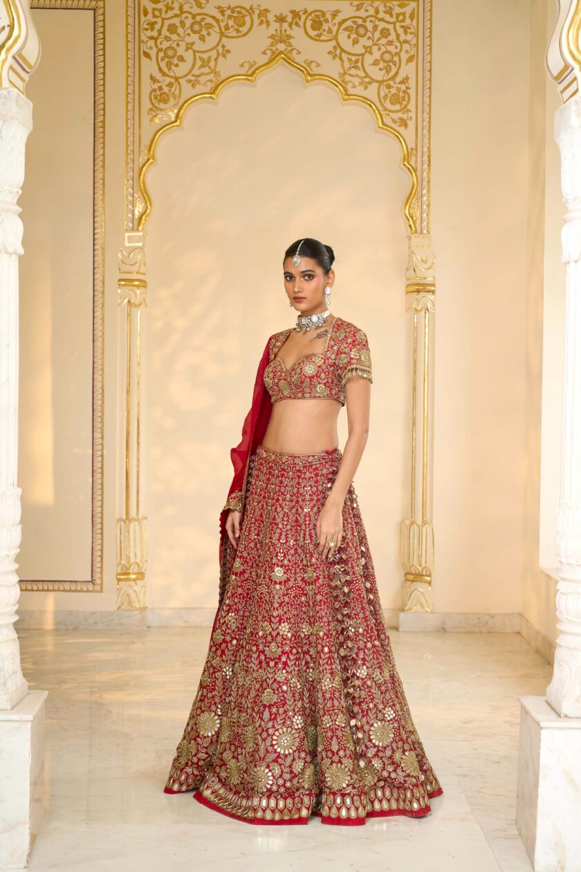 Red & beige gold hand embroidered lehenga set - Image 2