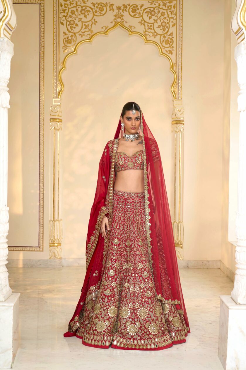 Red & beige gold hand embroidered lehenga set