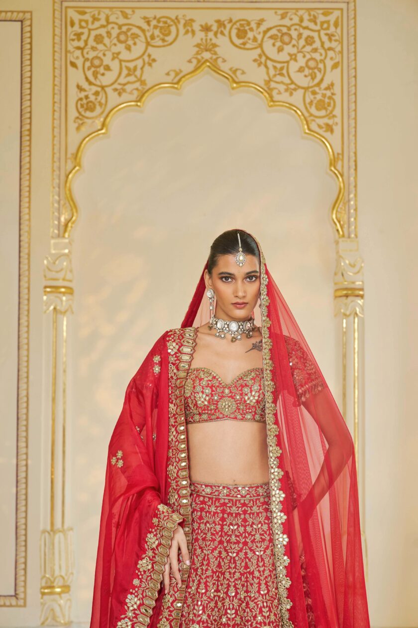 Red & beige gold hand embroidered lehenga set - Image 5