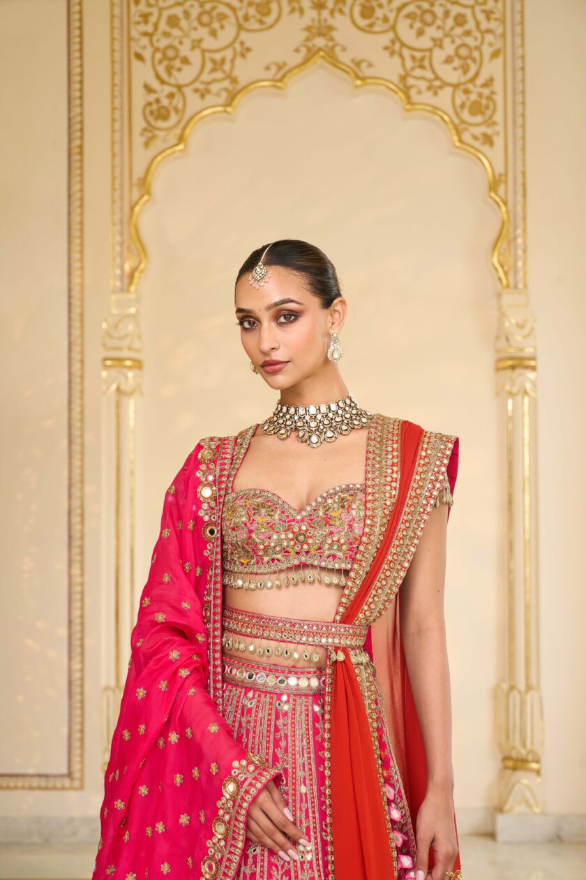 Rani pink & multi thread hand embroidered lehenga set - Image 5