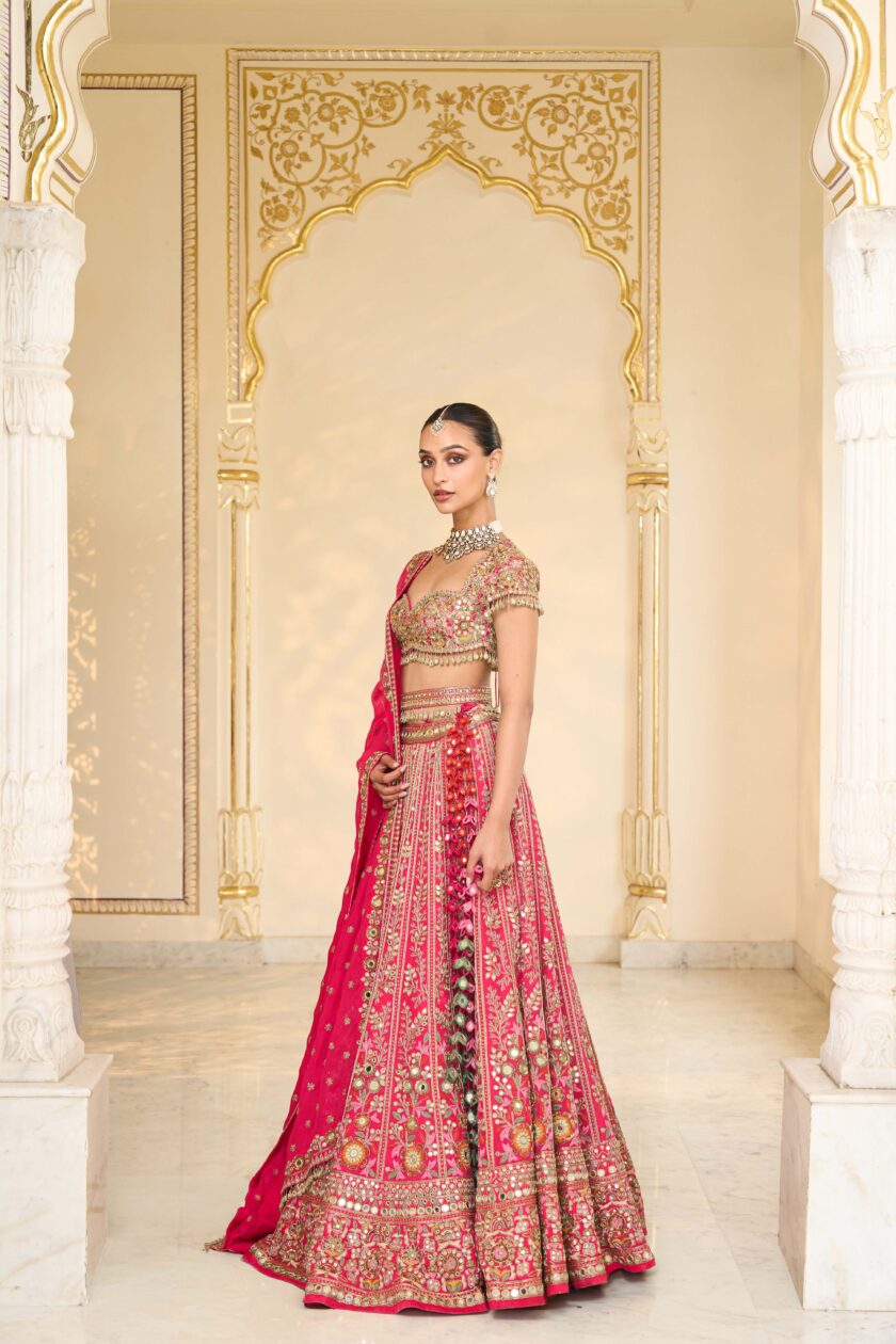 Rani pink & multi thread hand embroidered lehenga set - Image 2