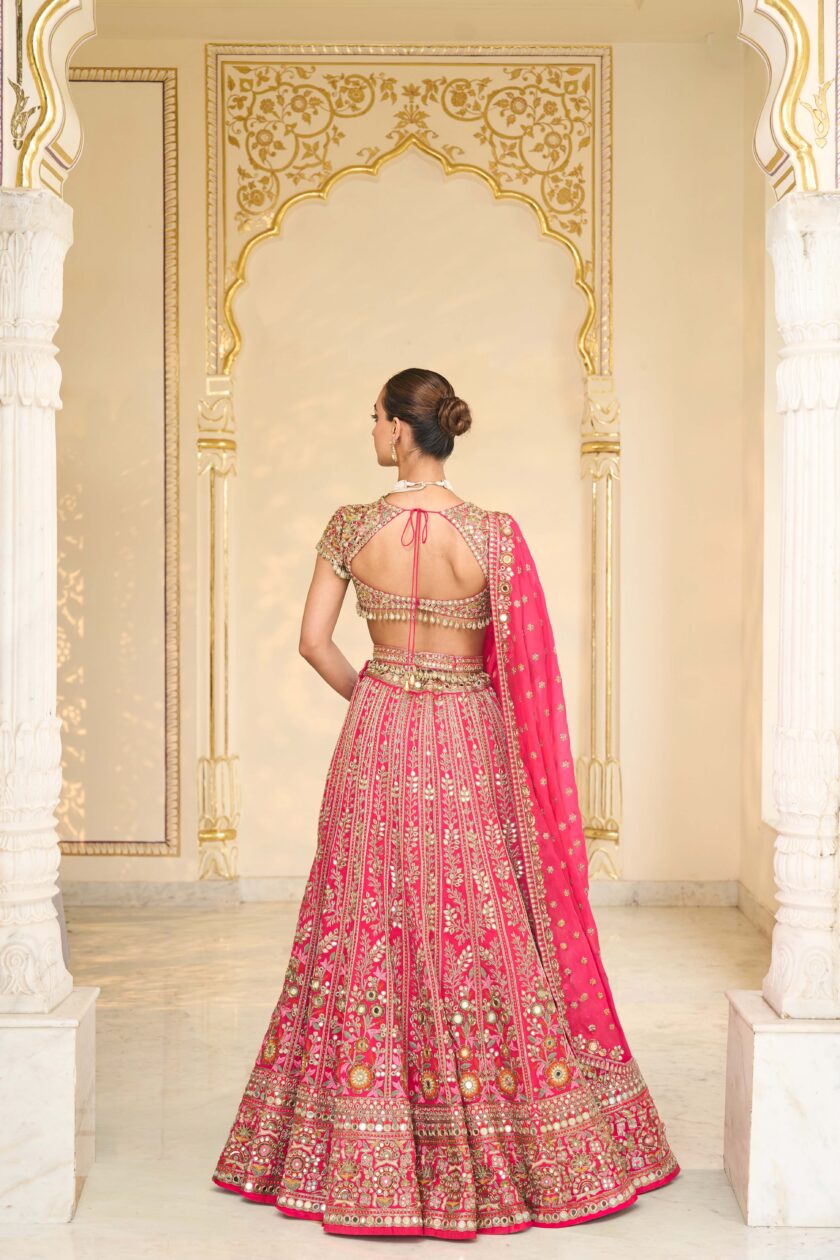 Rani pink & multi thread hand embroidered lehenga set - Image 4
