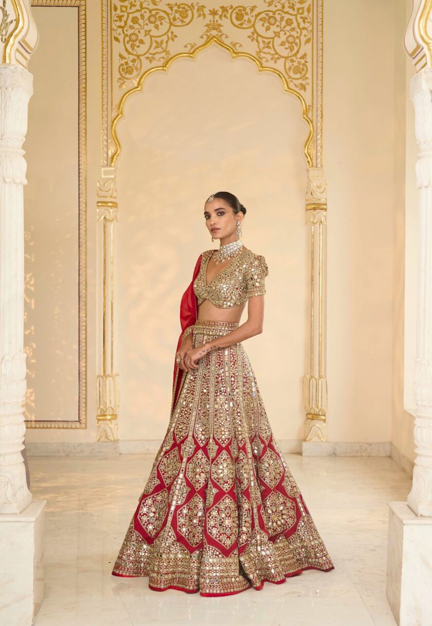 Red & Beige gold hand embroidered lehenga set - Image 2