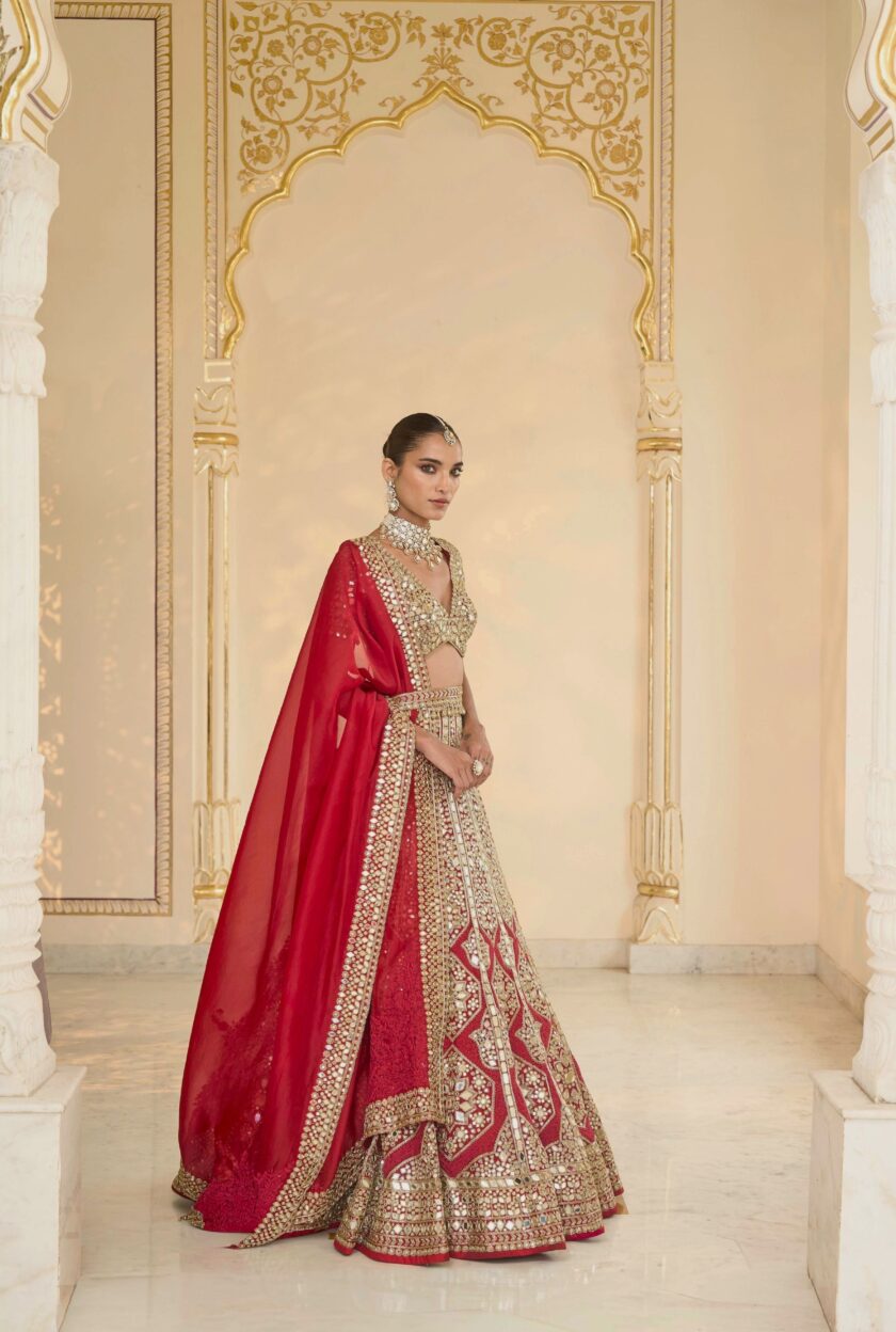 Red & Beige gold hand embroidered lehenga set - Image 3