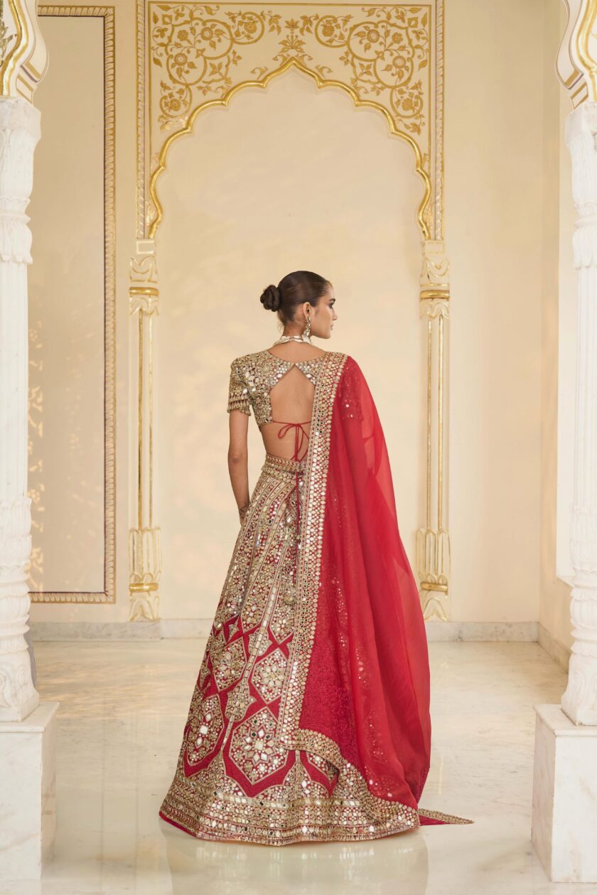 Red & Beige gold hand embroidered lehenga set - Image 4