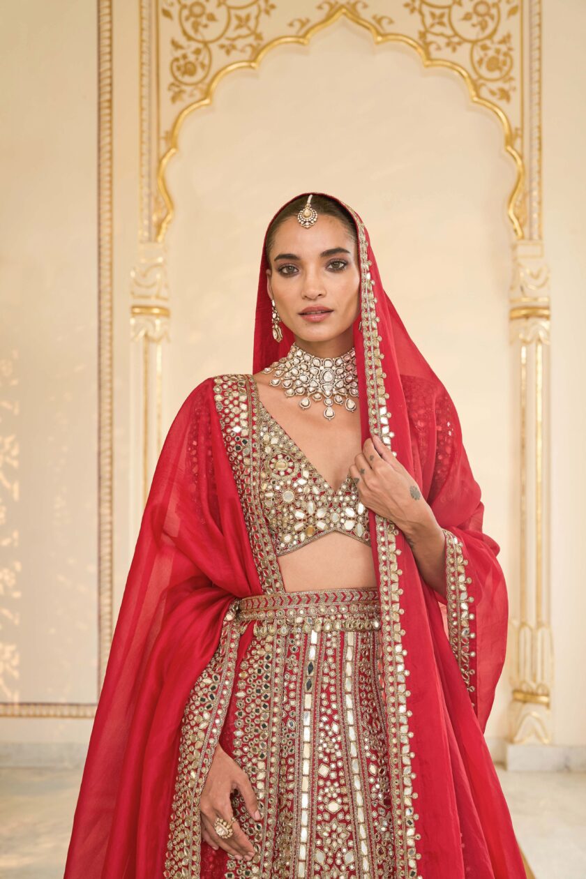 Red & Beige gold hand embroidered lehenga set - Image 5