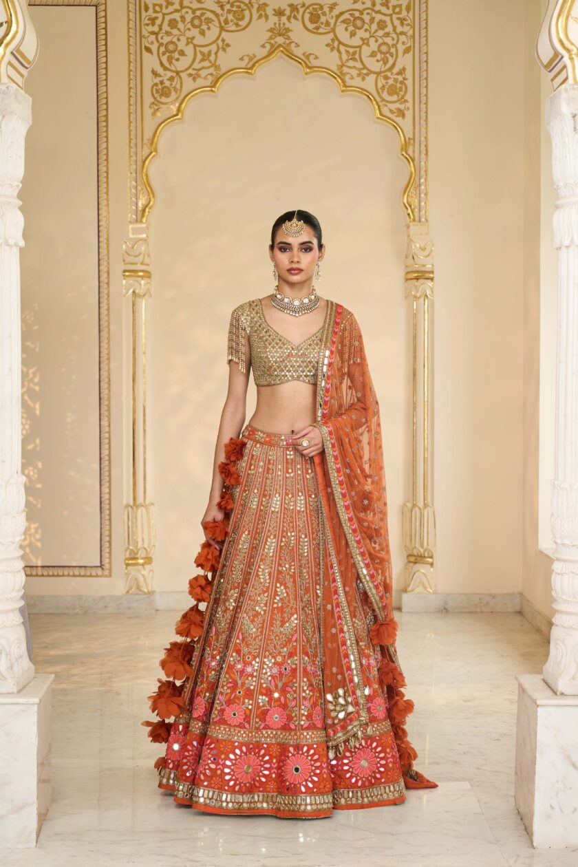 Toasted Orange & multi thread hand embroidered lehenga set
