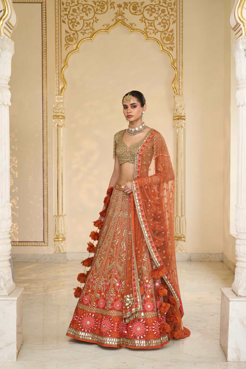 Toasted Orange & multi thread hand embroidered lehenga set - Image 2