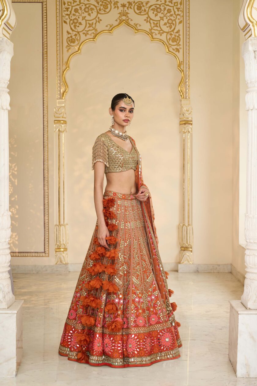 Toasted Orange & multi thread hand embroidered lehenga set - Image 3