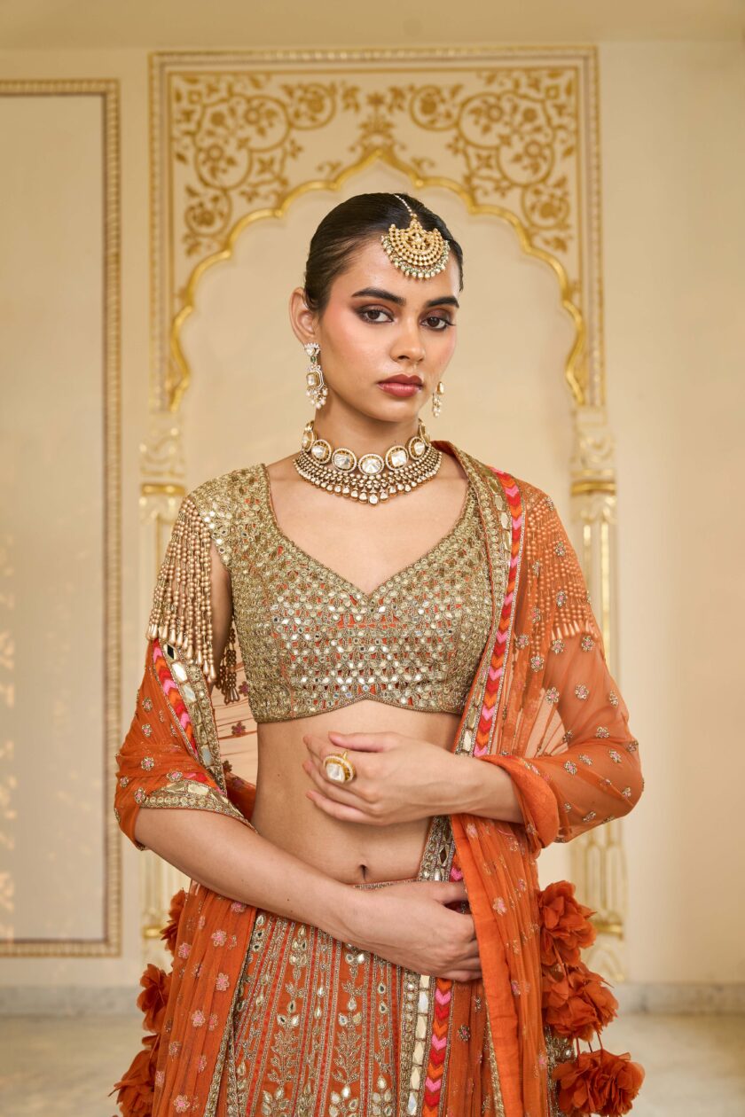 Toasted Orange & multi thread hand embroidered lehenga set - Image 5