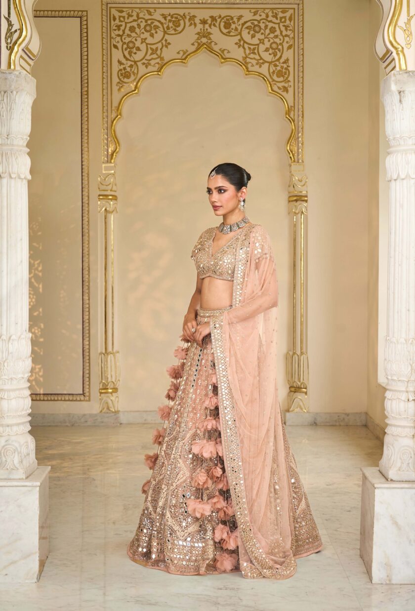 Dust Pink & Rose gold hand embroidered net lehenga set - Image 2