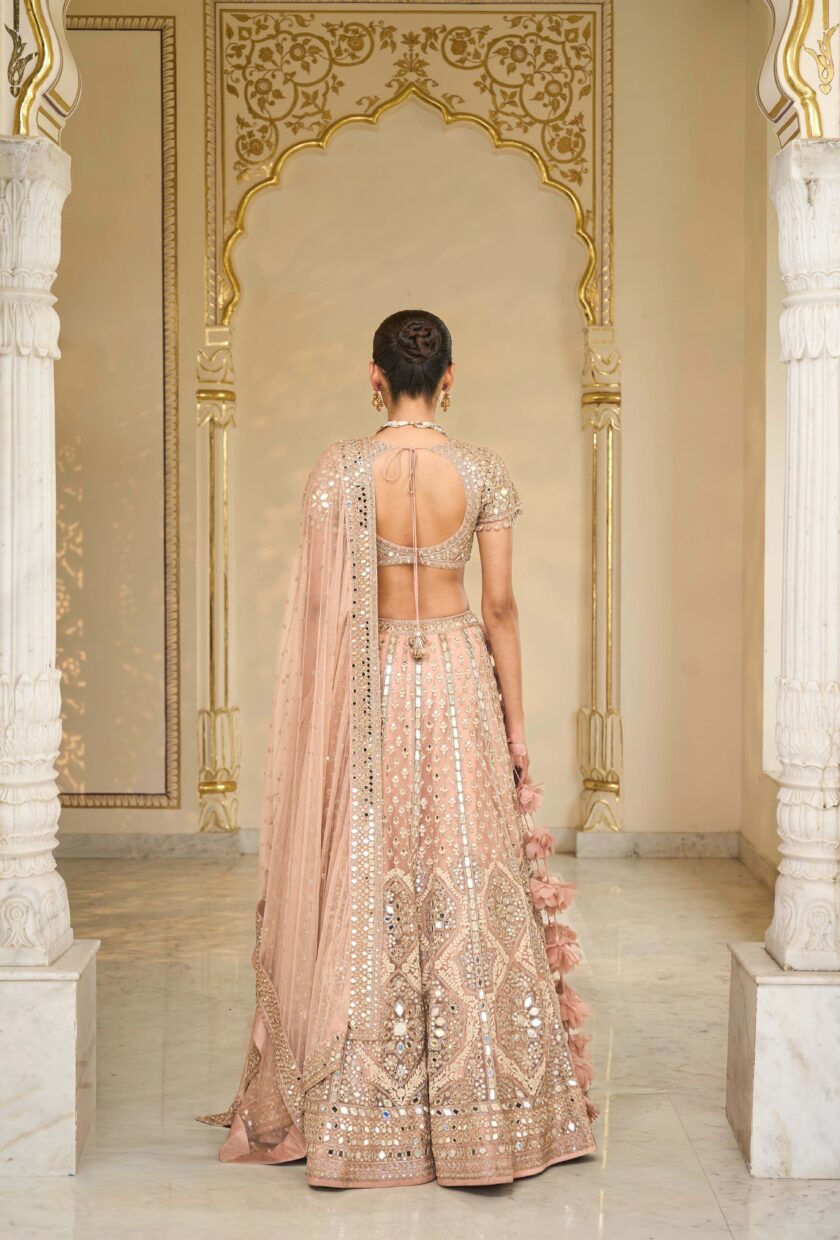 Dust Pink & Rose gold hand embroidered net lehenga set - Image 4